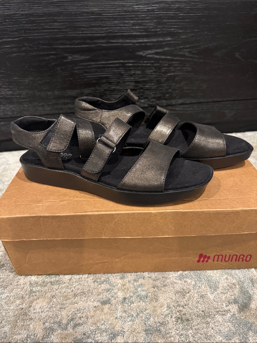 Munro Metallic Black Velcro Strap Sandals - Picture 4 of 6